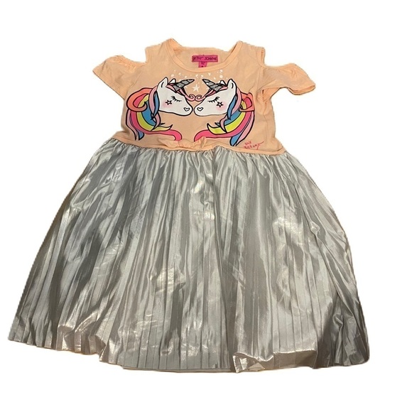 Betsey Johnson Unicorn Dress Sz 10 Cold Shoulder Peach Silver Pleated Kids Girls - Picture 1 of 9